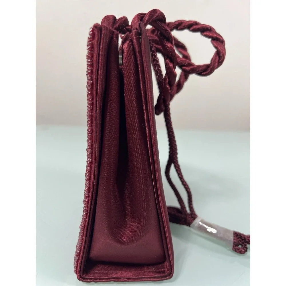 Vintage 80s Red Satin Beaded Evening Bag‎ Box Clutch Formal Purse
